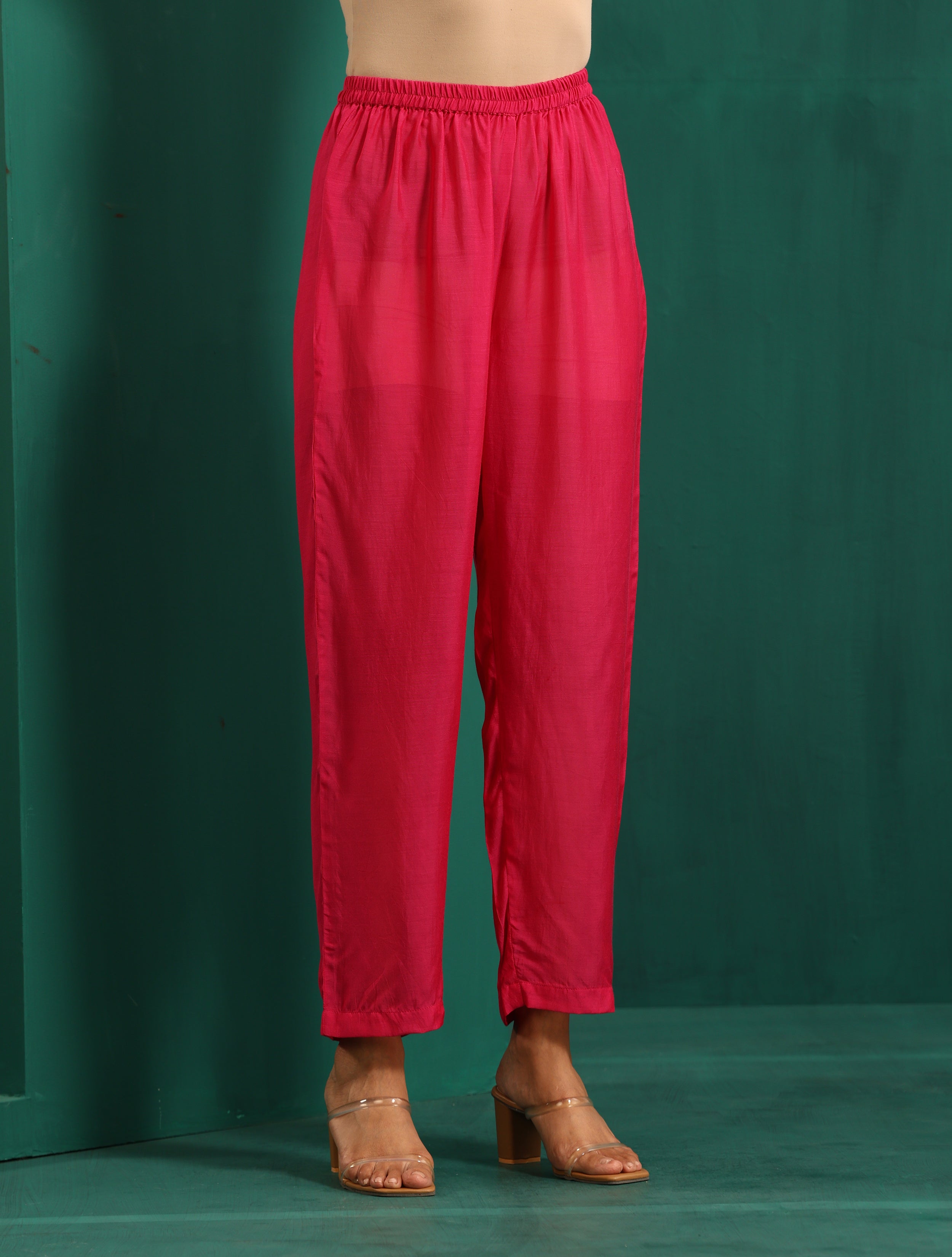 trueBrowns Pink Leaf Muslin Silk Printed Yoke Gathered Co-ord Set - Distacart