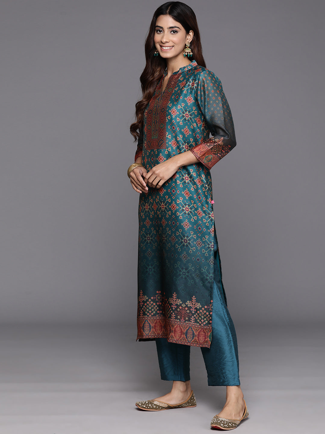 Varanga Women Patola Printed, Teal & Beige Mandrin Collar ,Straight Kurta With Solid Bottom And Printed Dupatta