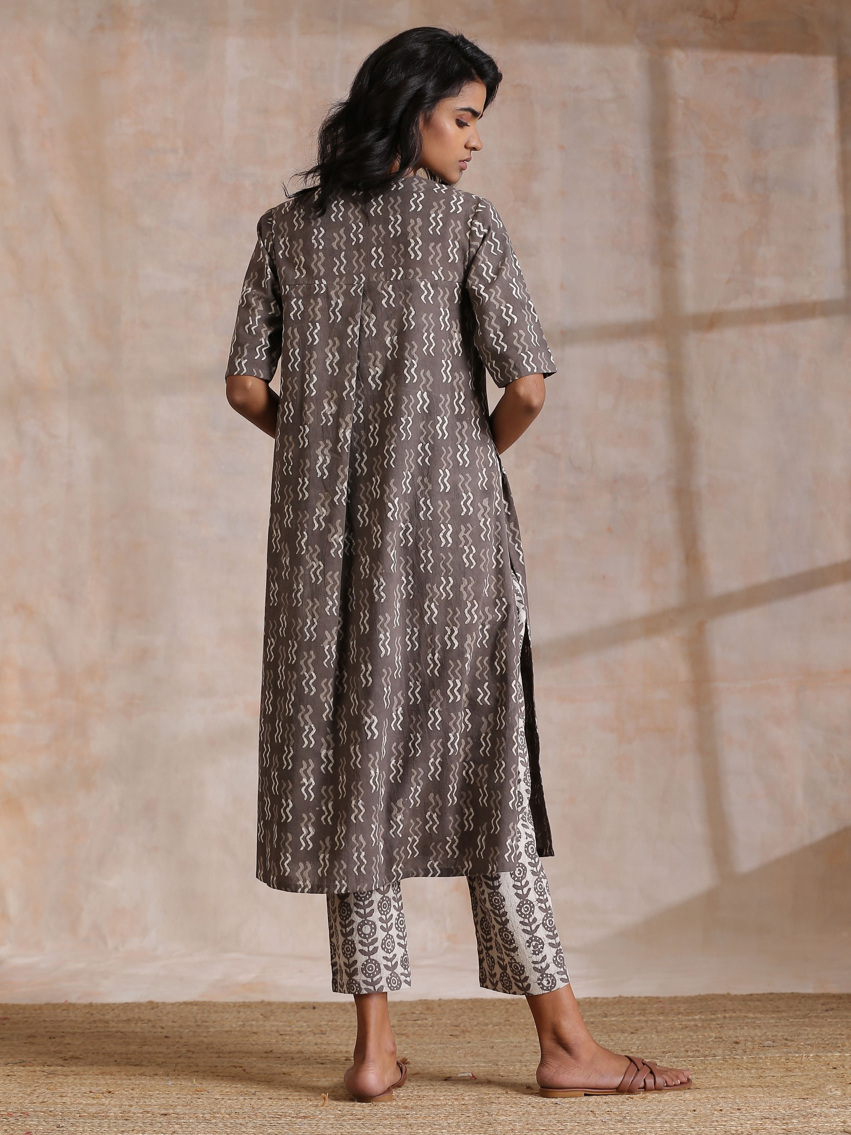 trueBrowns Clay Dabu Zig-Zag Motifs Print Cotton Kurta Pant Set - Distacart