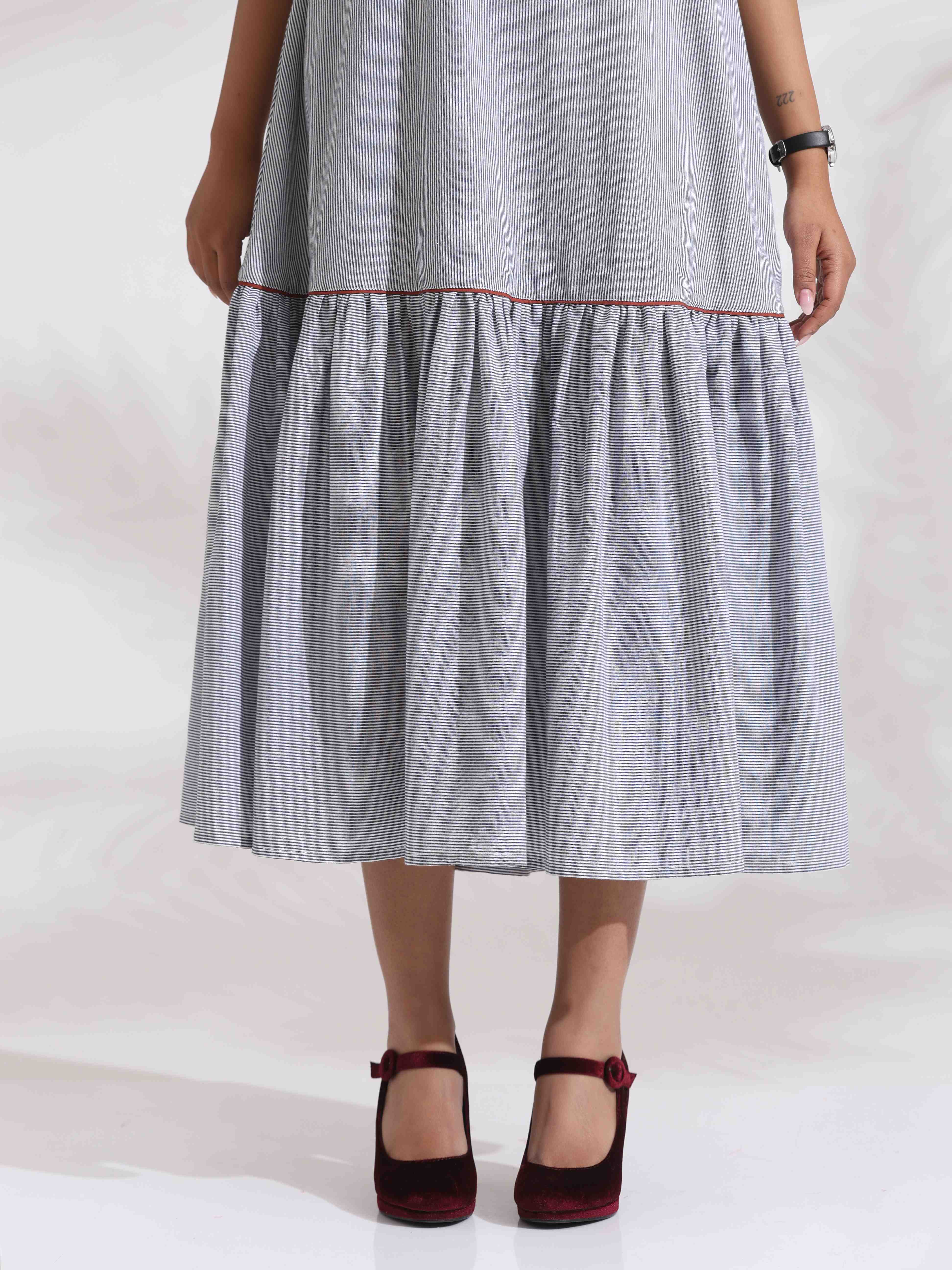trueBrowns trueBrown Grey Cotton Stripe Tier Dress