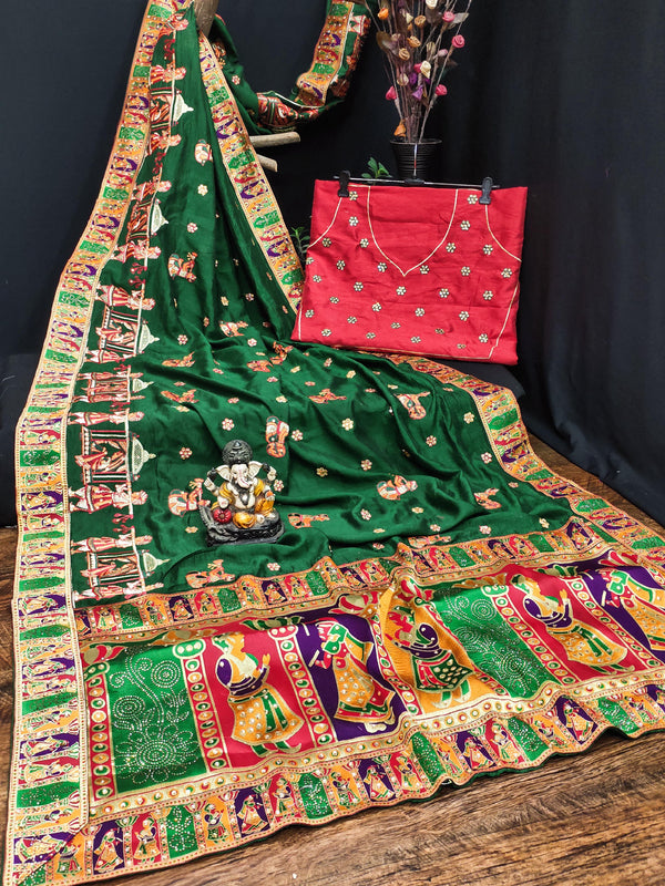 Lorenvalley Fashion Premium Green Vichitra Silk Embroidery and Diamond work Both Side Saree - Distacart