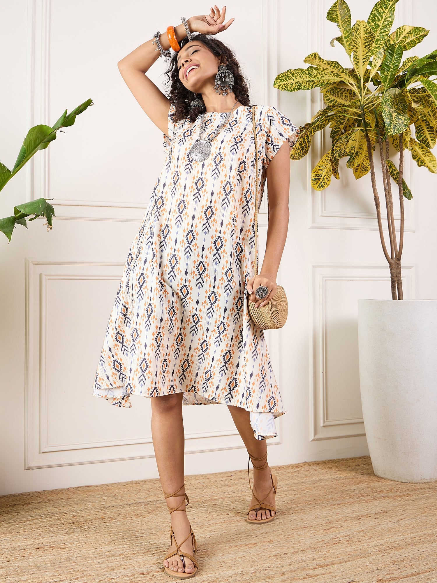 InWeave Off White Orange Black Ikkat Print Round Neck Aline Dress