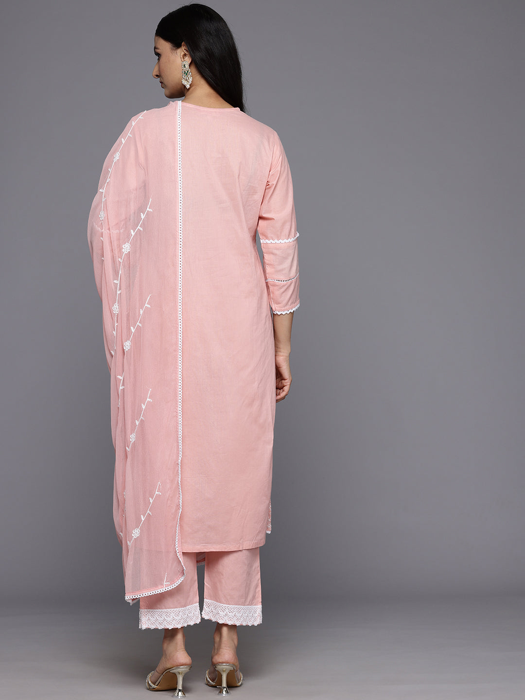 Varanga Women Pink V Neck Thread Embroidered With Tonal Bottom And Chiffon Dupatta - Distacart