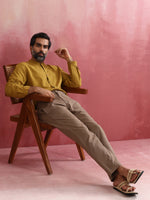 Thumbnail for trueBrowns Men's Mustard Cotton Mandarin Collar Stylized Kurta - Distacart