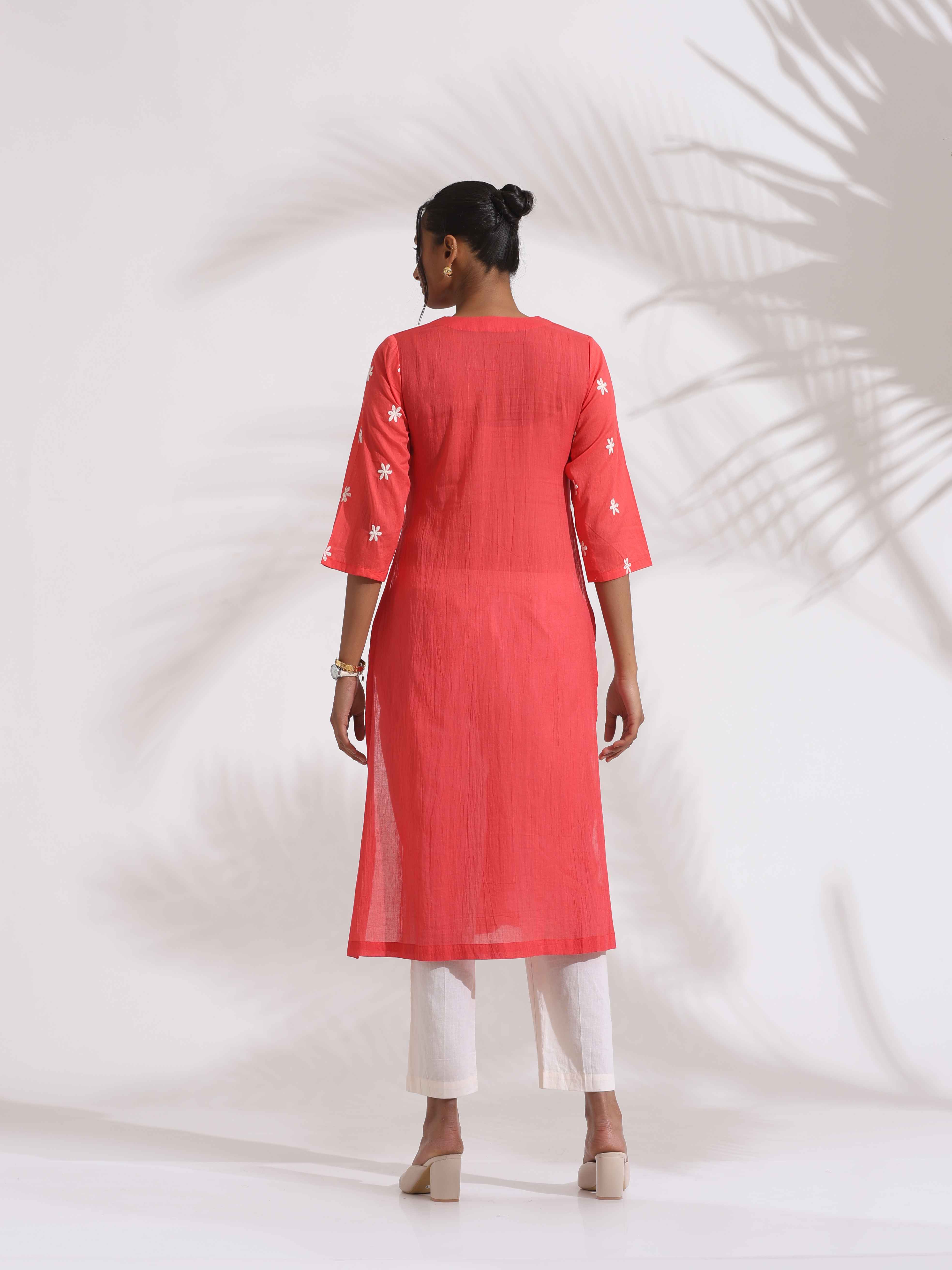 trueBrowns Orange Cotton Floral Embroidered Kurta Set