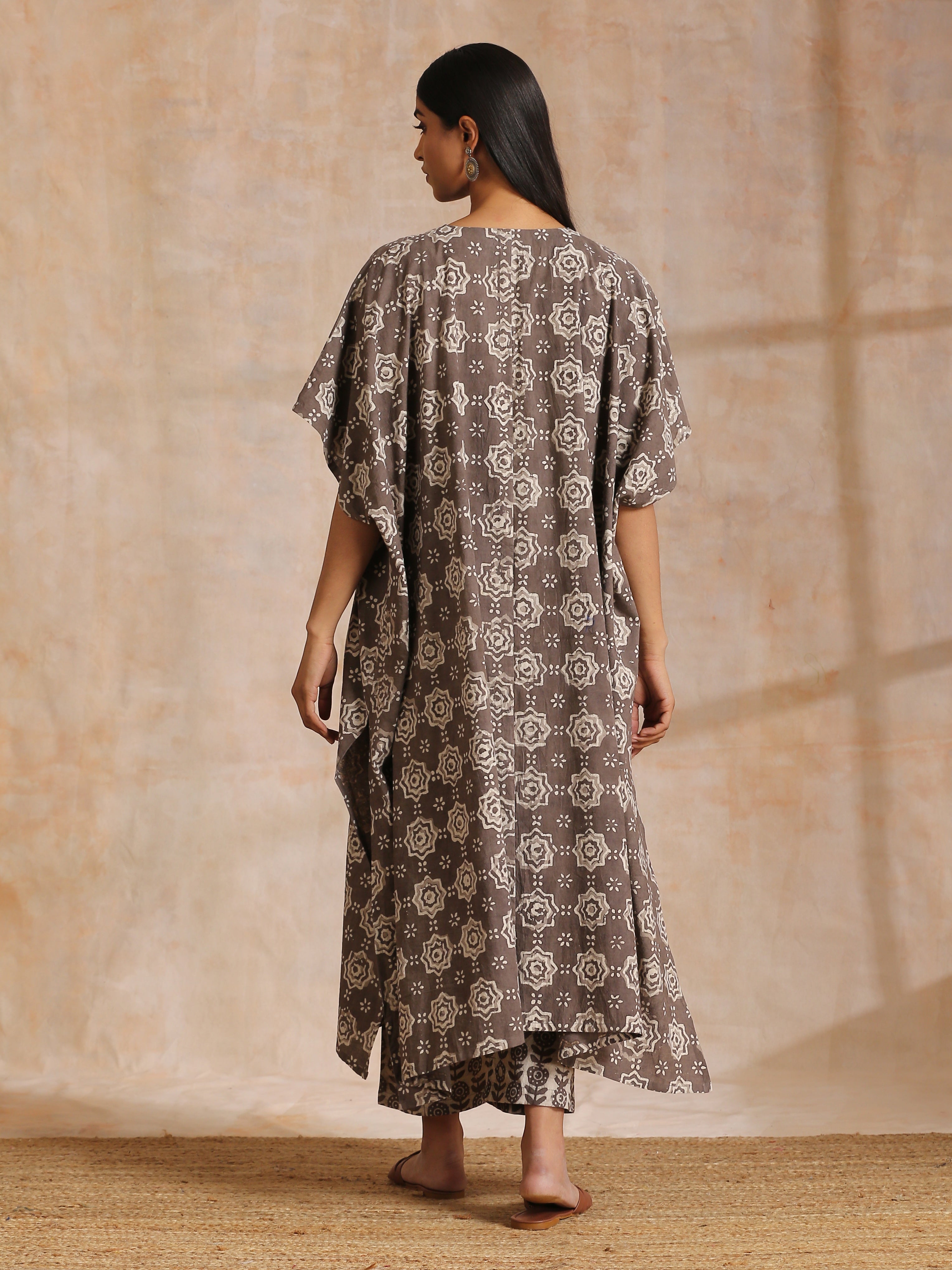 trueBrowns Clay Dabu Overall Print Cotton Panel Kaftan Kurta Pant Set - Distacart