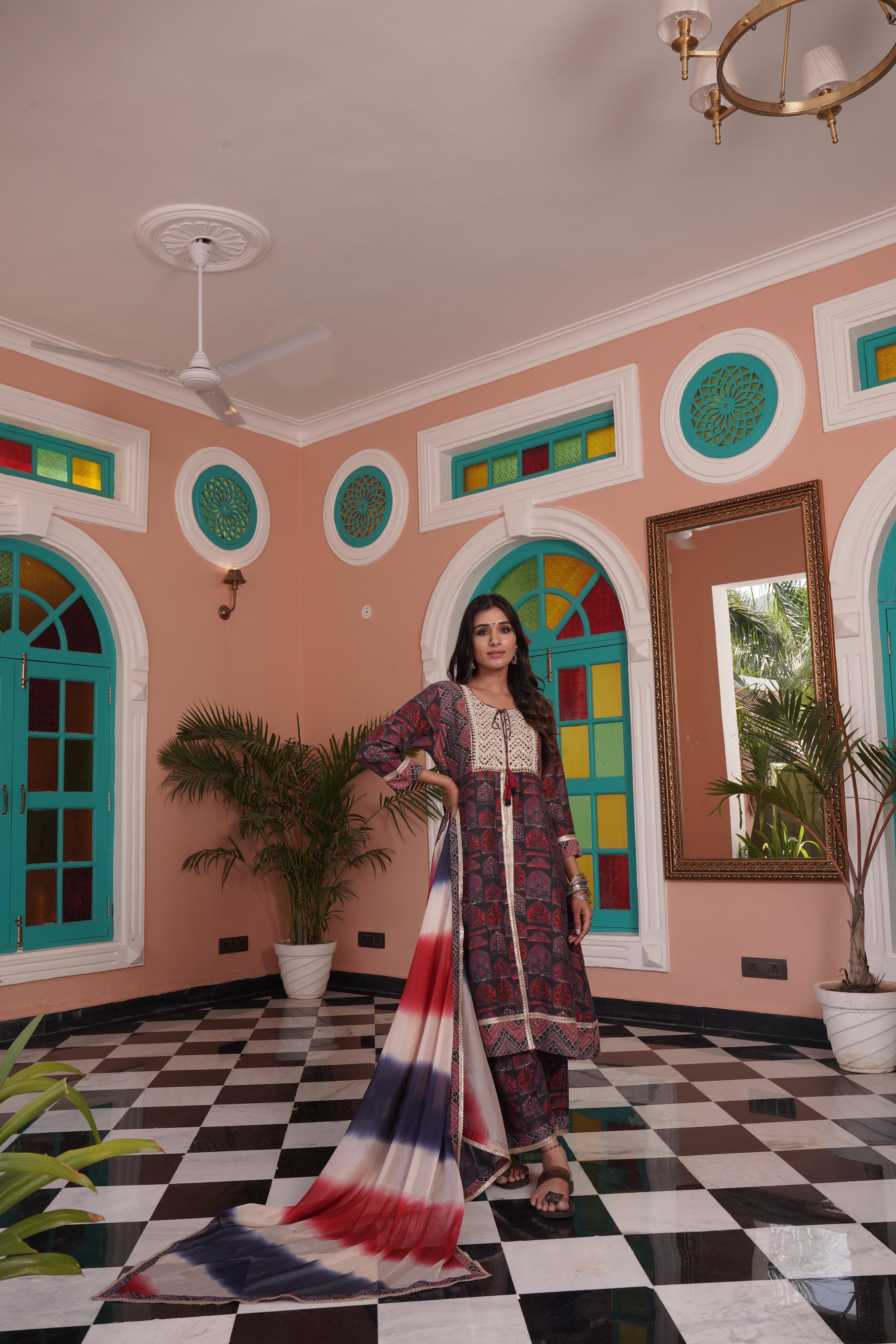 BulBul Sarita Chanderi Red Kurta Set with Dupatta