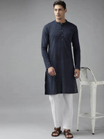 Thumbnail for Fabmade Men Navy Blue Cotton Linen Kurta