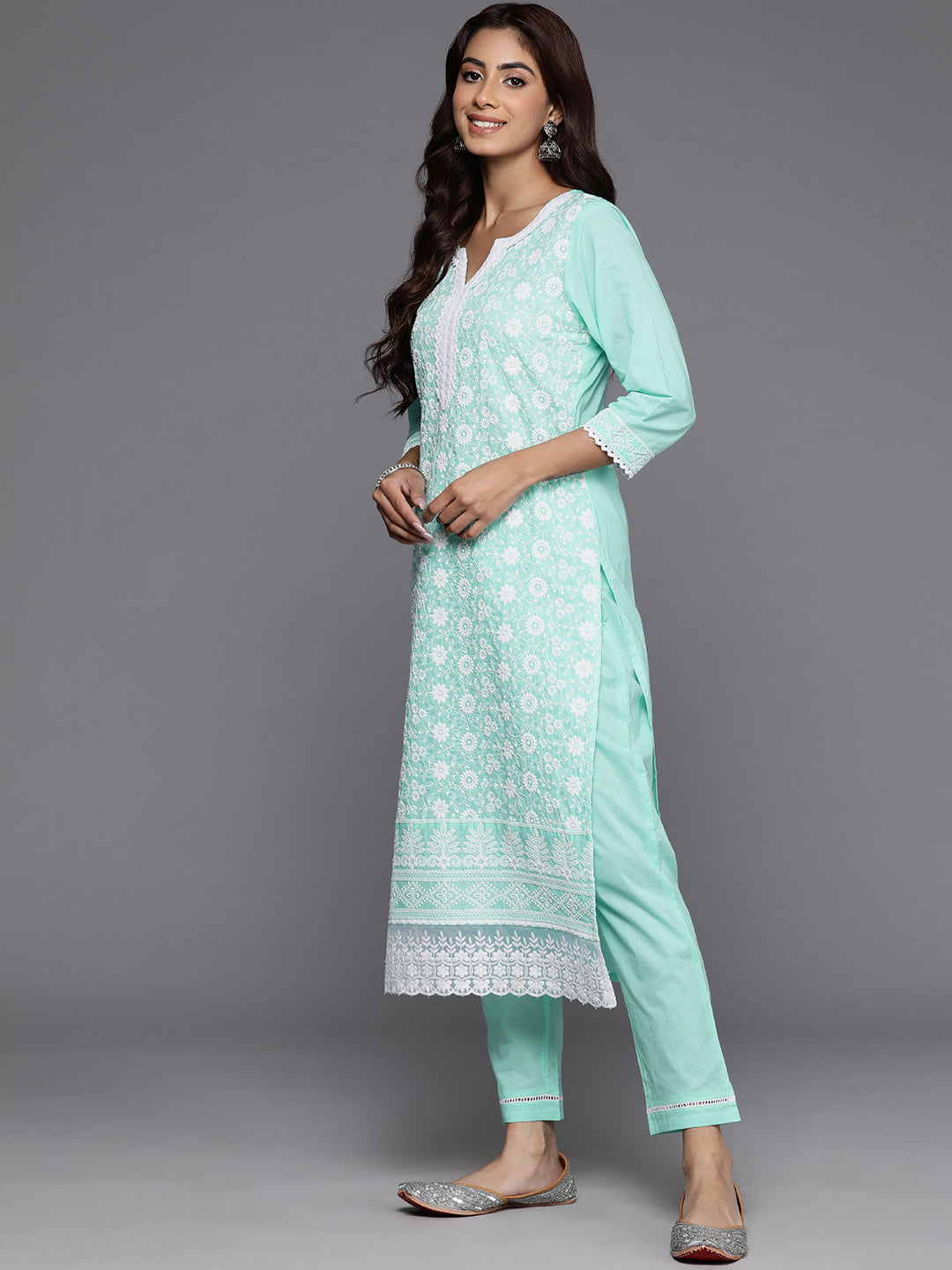 Varanga Women Sea Green Thread Embroidered Straight Kurta With Bottom And Dupatta - Distacart