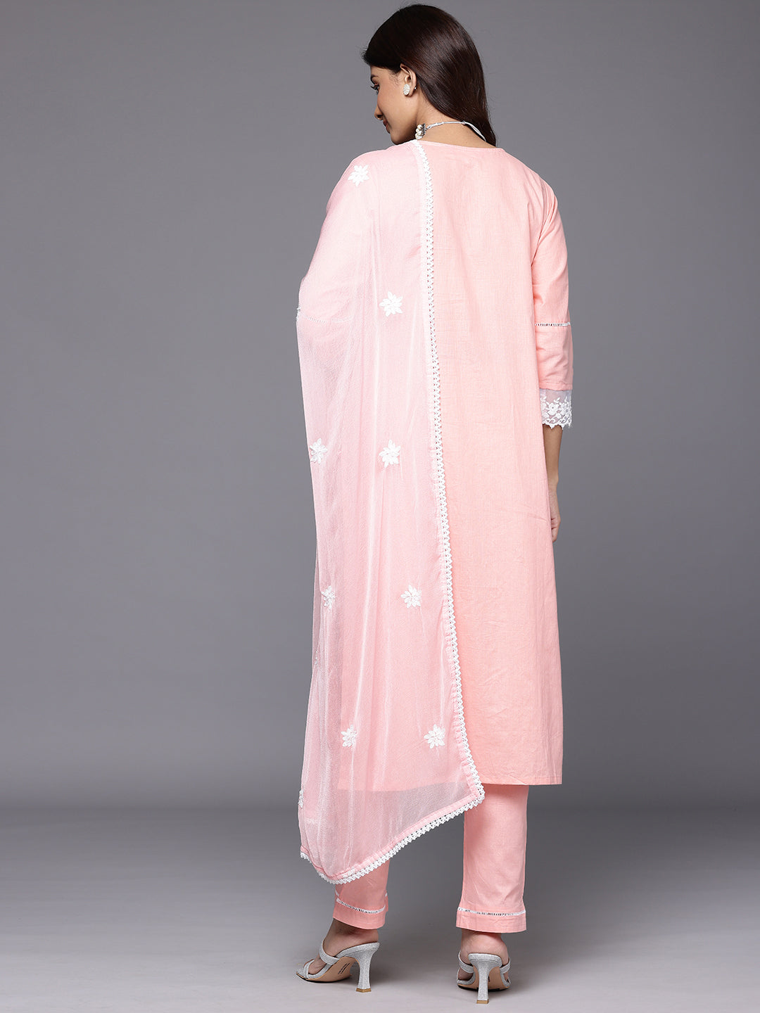 Varanga Women Peach Round Neck Chikankari Straight Kurta With Bottom And Dupatta - Distacart