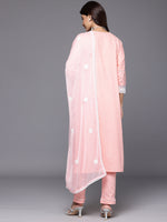Thumbnail for Varanga Women Peach Round Neck Chikankari Straight Kurta With Bottom And Dupatta - Distacart