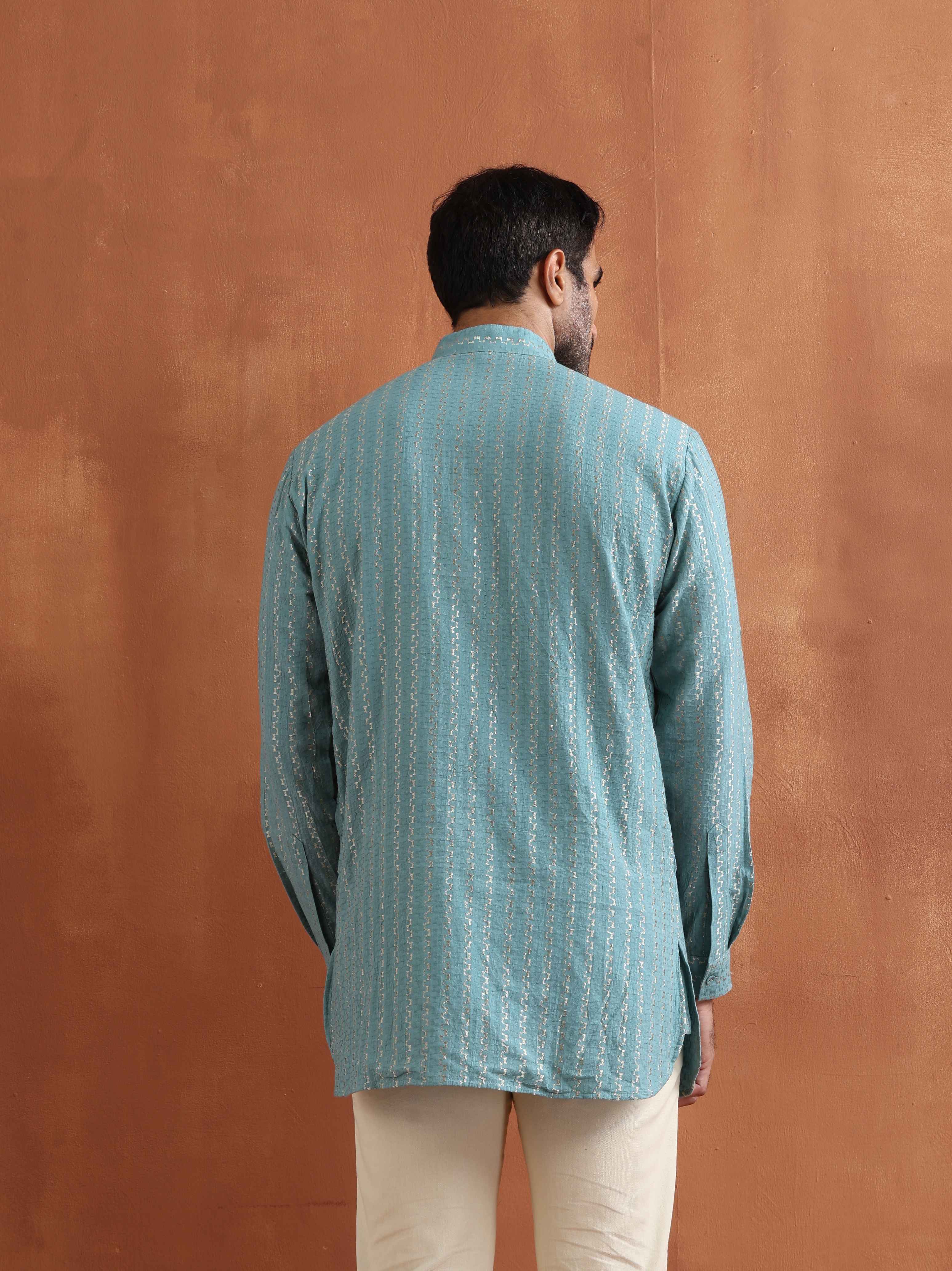 trueBrowns Men's Green Cotton Dobby Short Kurta