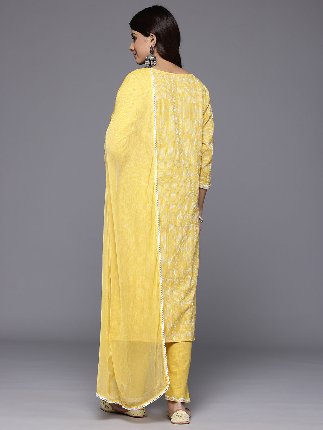 Varanga Women Mustard Woven Design Round Neck, Three Quarter Sleeves Paired With Tonal Bottom And Dupatta - Distacart