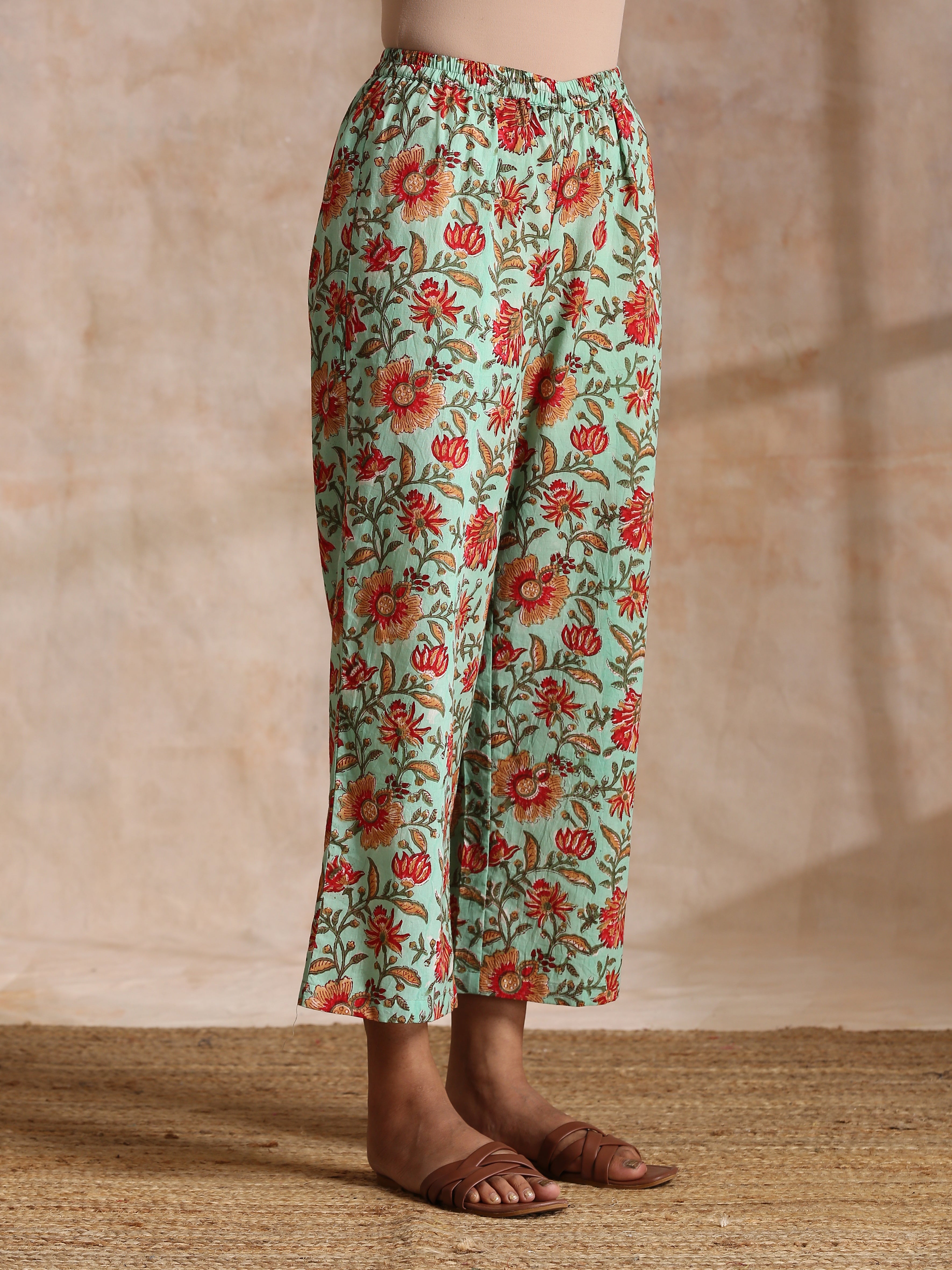 trueBrowns Seafoam Green Overall Floral Block Print Cotton Angrakha Pant Set - Distacart