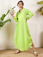 Thumbnail for InWeave Neon Green Shawl Neck Long Side Pleat Dress
