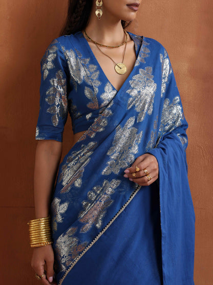 trueBrowns Blue Metallic Ready To Wear Saree - Distacart