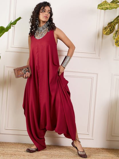 InWeave Maroon Round Sleeveless Jumpsuit - Distacart