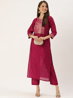Thumbnail for Varanga Magenta Silk Kurta With Woven Yoke And Fully Elasticated Trouser - Distacart