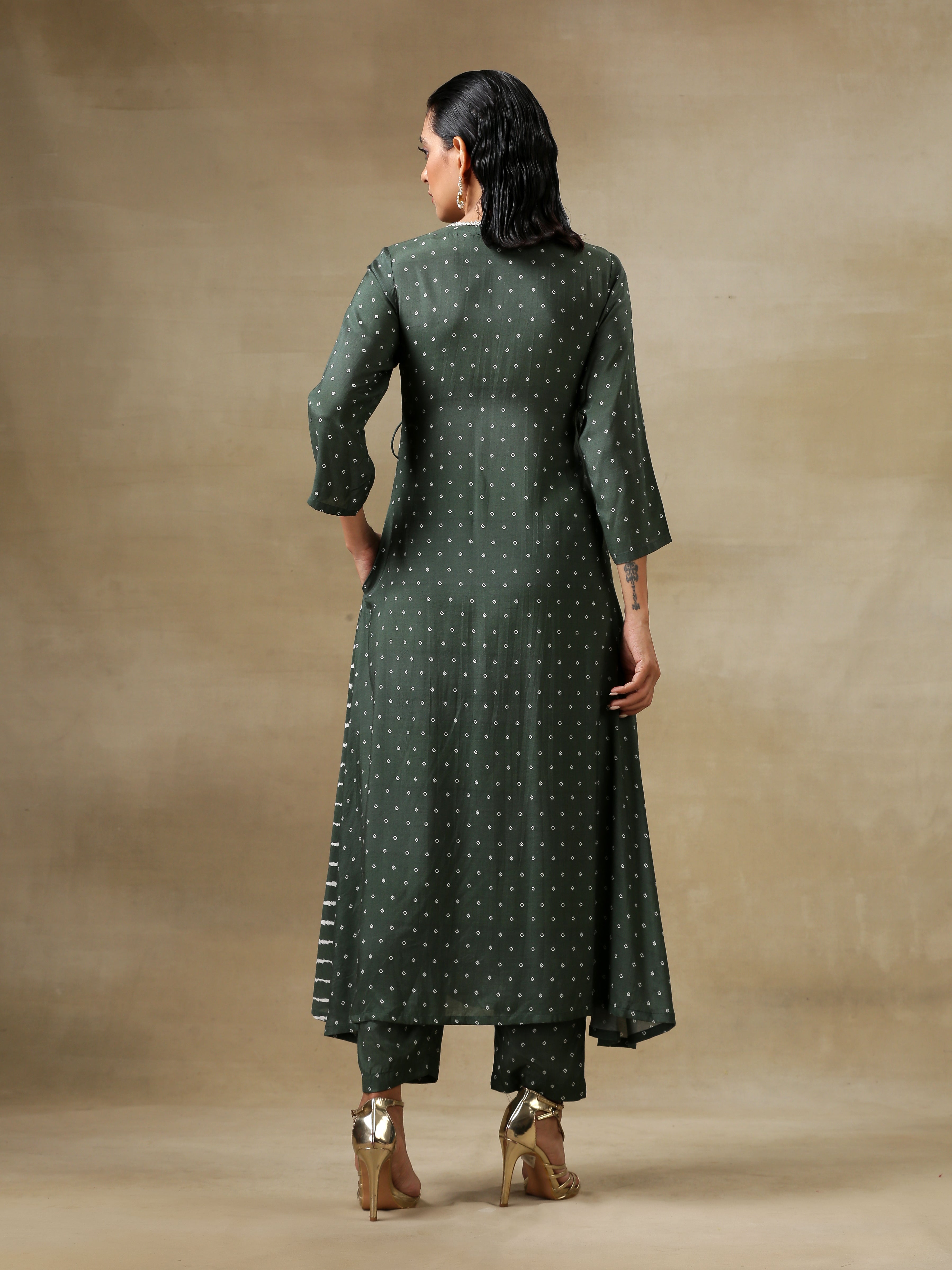 trueBrowns Dark Green Bandhani Printed Silk Angrakha Kurta Pant Set - Distacart