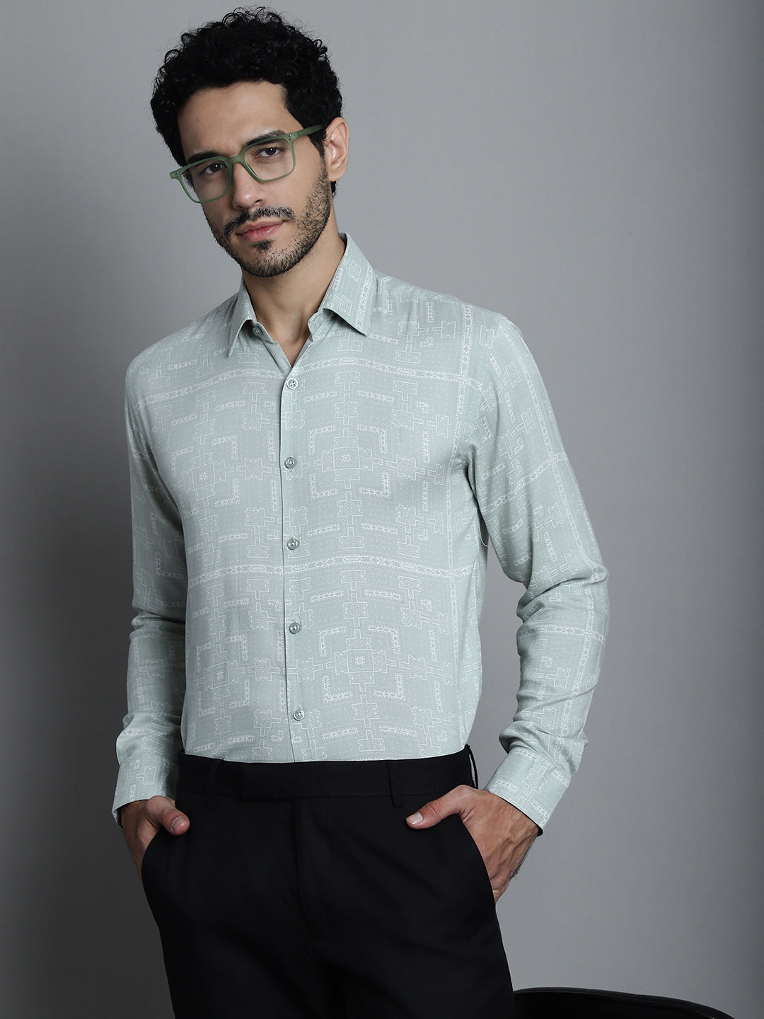 Jainish Men's Geomatric Printed Formal Shirts - Pista - Distacart