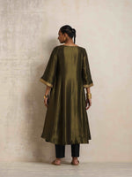 Thumbnail for trueBrowns Olive Green Tissue Flared Anarkali Kurta Set