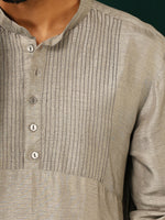 Thumbnail for trueBrowns Men's Grey Silk Co-ord Set Yoke Detail - Distacart