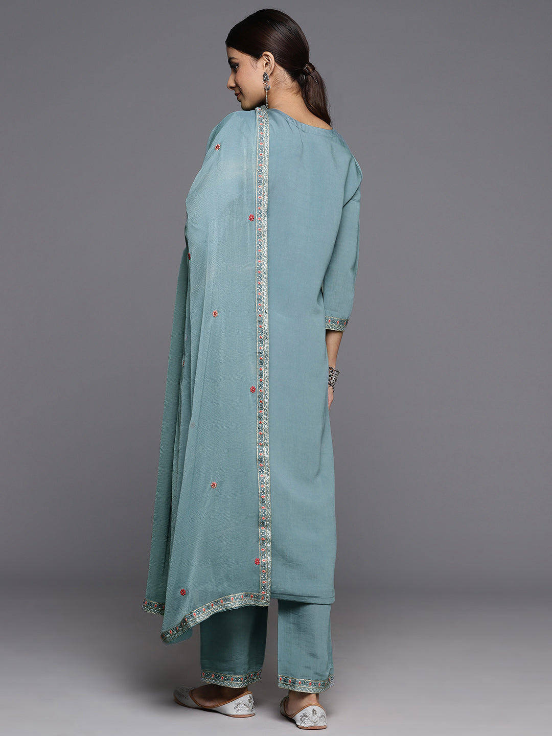 Varanga Women Blue Embroidered Straight Kurta Paired With Tonal Bottom And Embroidered Dupatta - Distacart