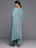 Thumbnail for Varanga Women Blue Embroidered Straight Kurta Paired With Tonal Bottom And Embroidered Dupatta - Distacart