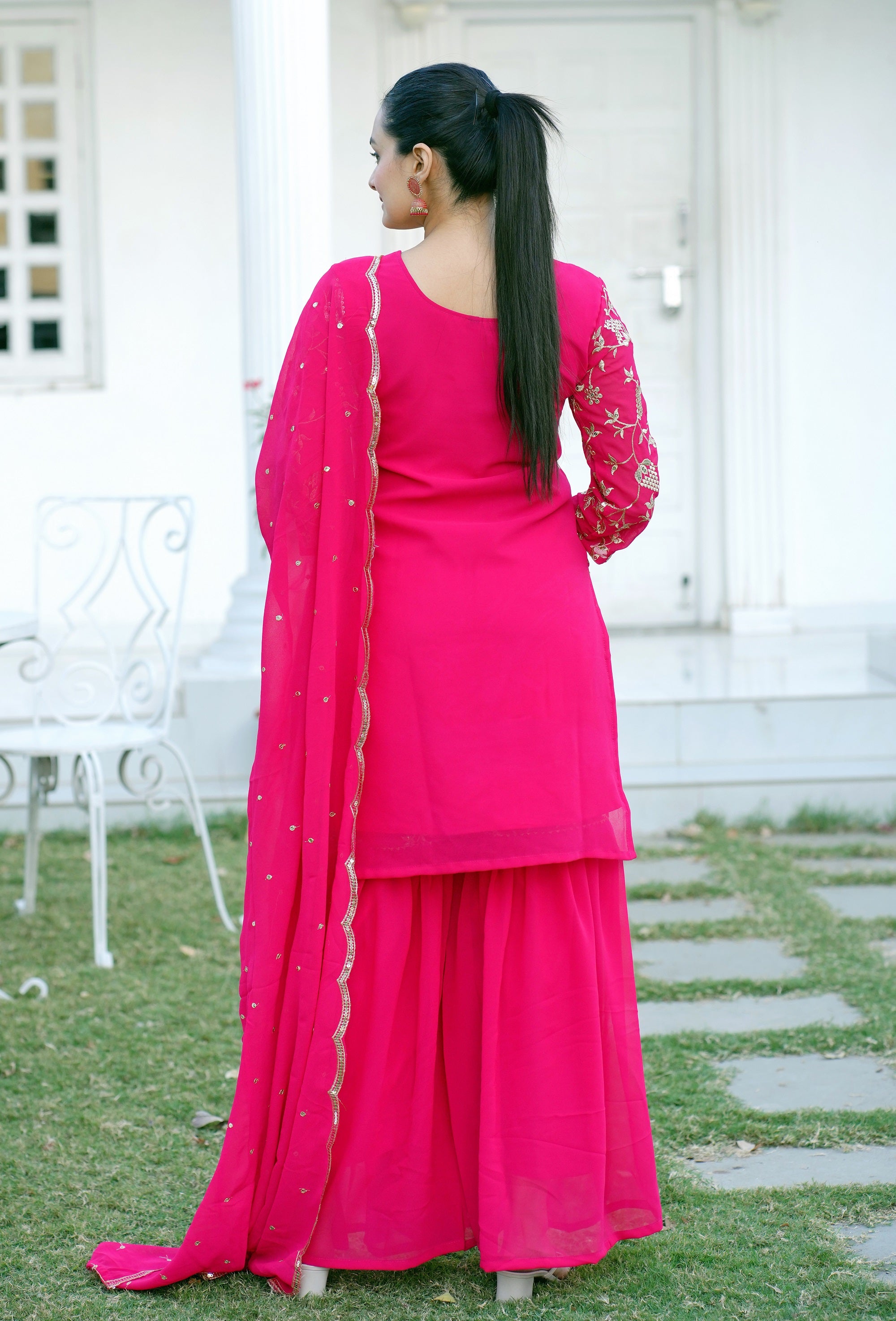 Teeya Creation Pink Color Faux Georgette Heavy Embroidery Work Fully Stitched Sharara Suit - Distacart