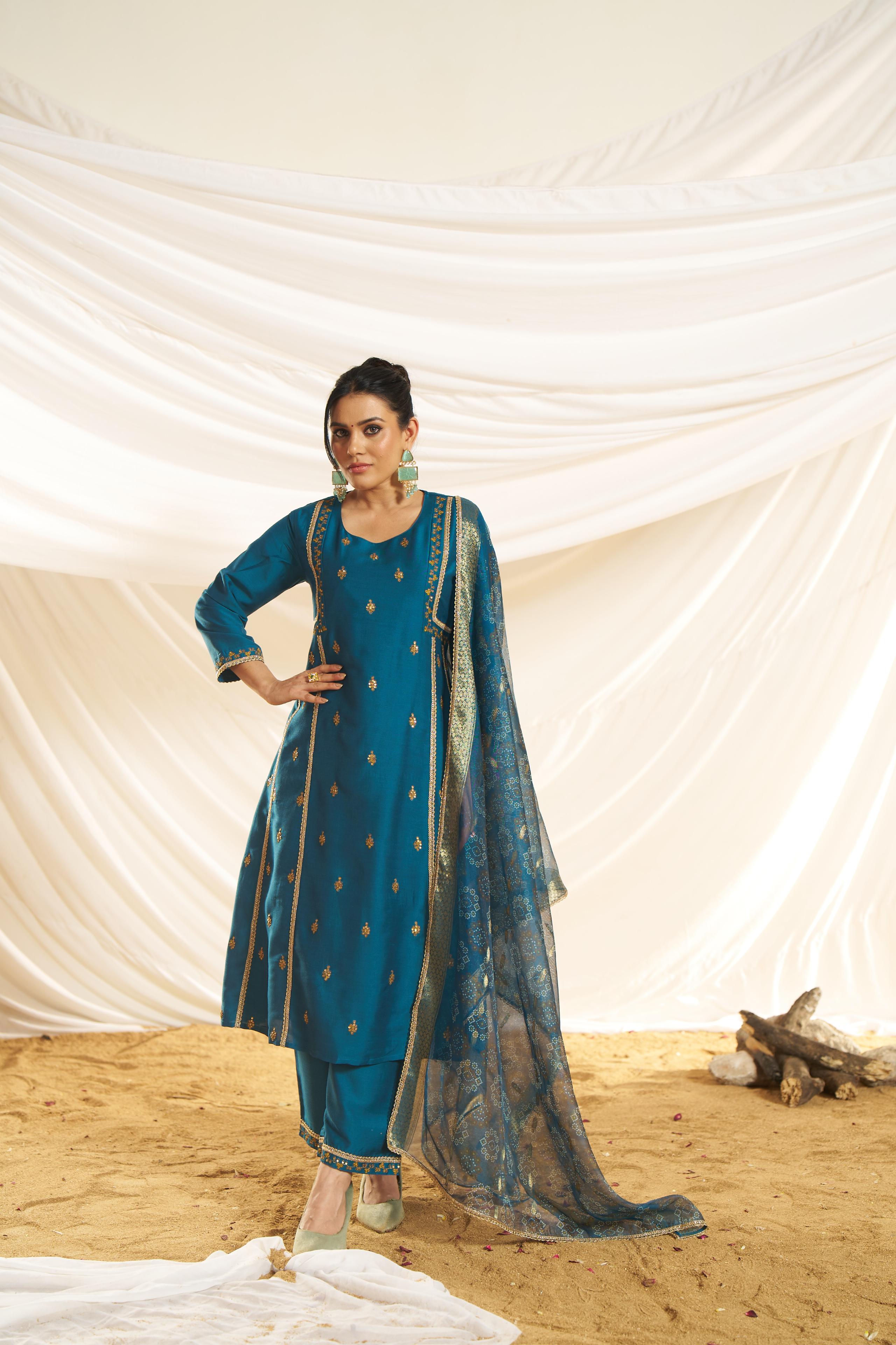 BulBul Women Teal Embellished Premium Silk Ethenic A-Line Kali Suit With Dupatta