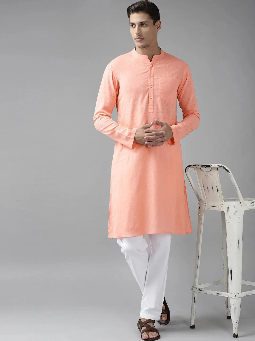 Fabmade Men Peach Cotton Linen Kurta - Distacart