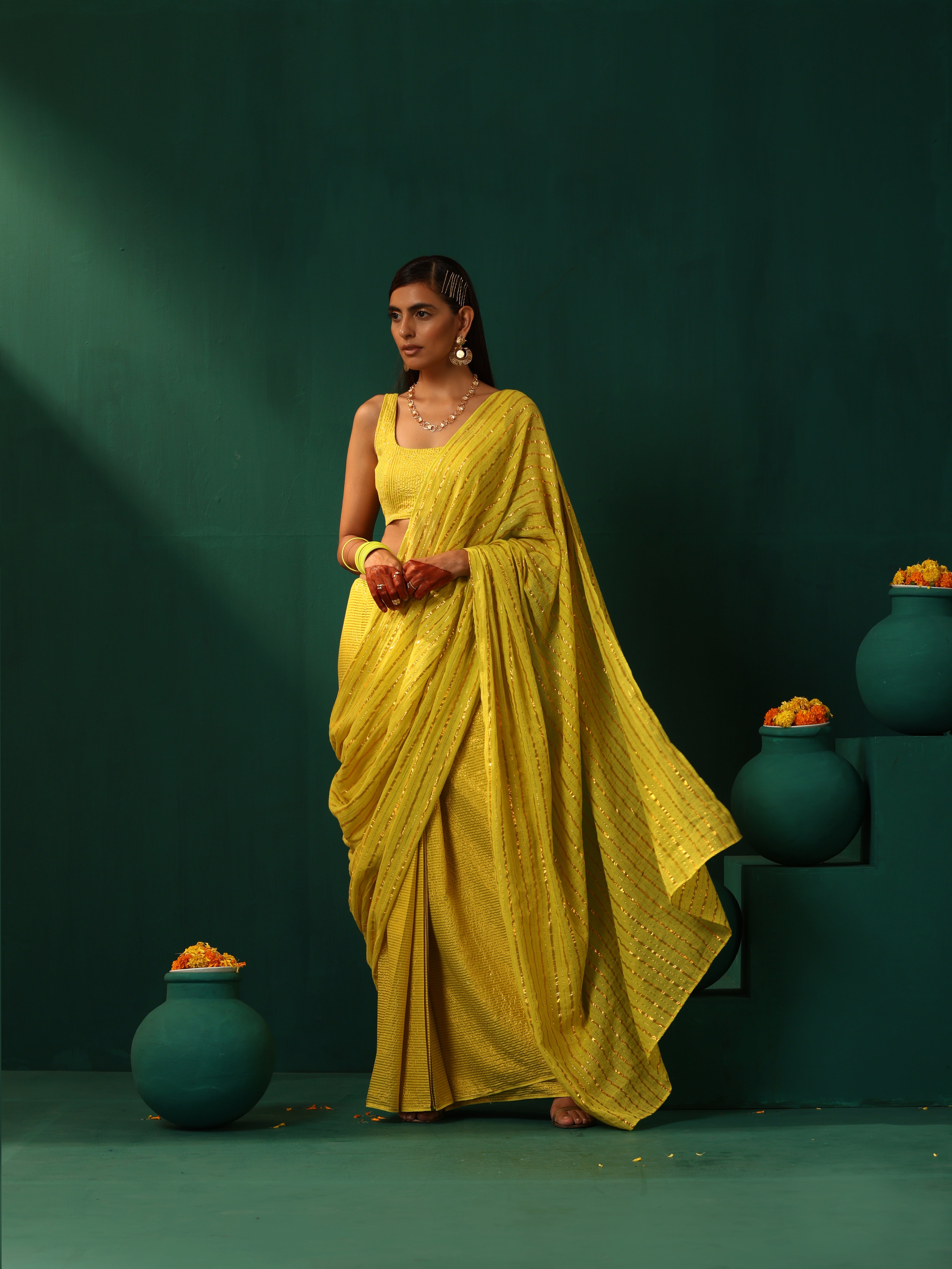 trueBrowns Lime Cotton Gold Lurex Striped Ready to Wear Saree - Distacart
