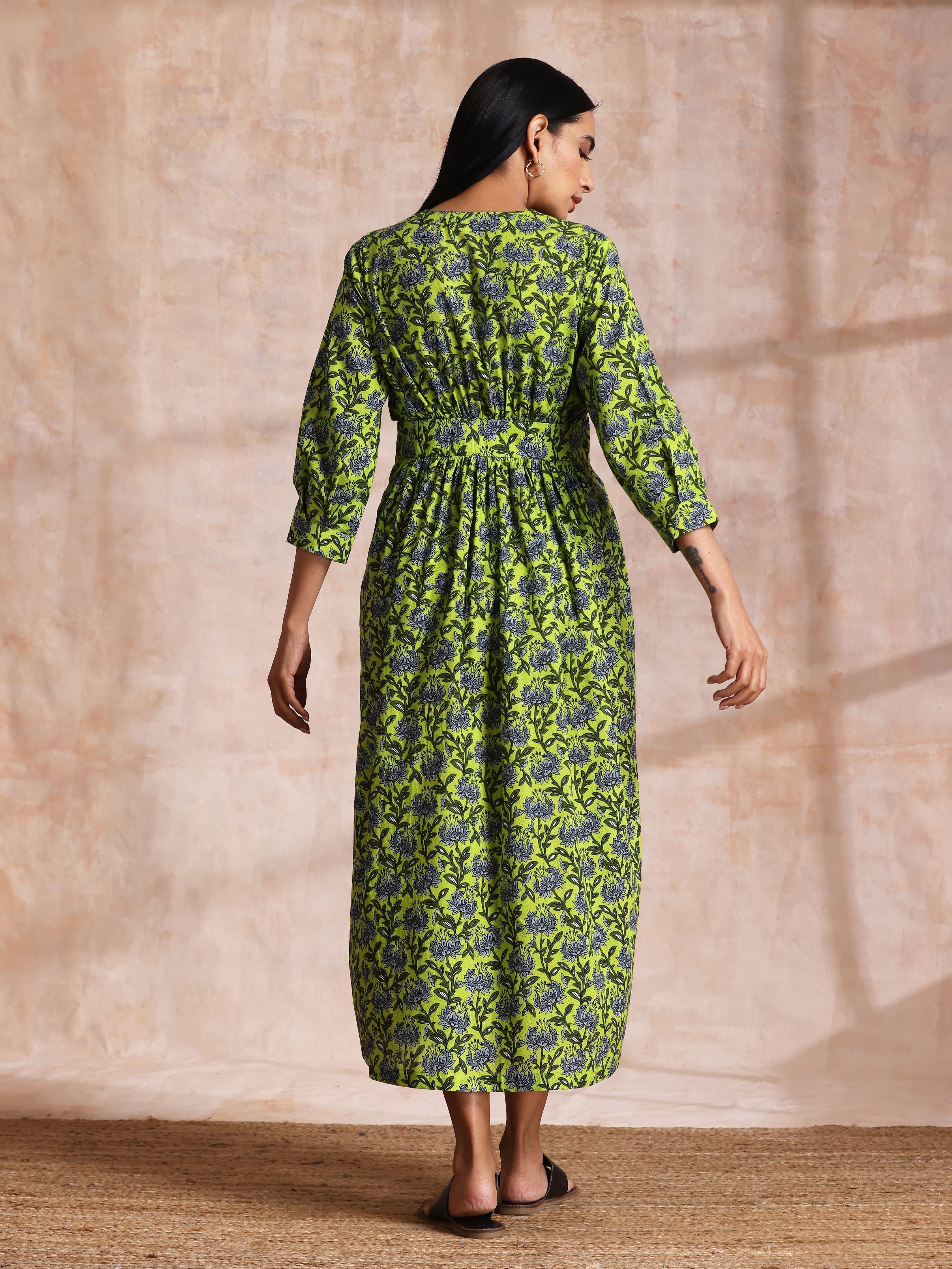 trueBrowns Lime Green Overall Blue Floral Block Print Cotton Wrap Dress - Distacart