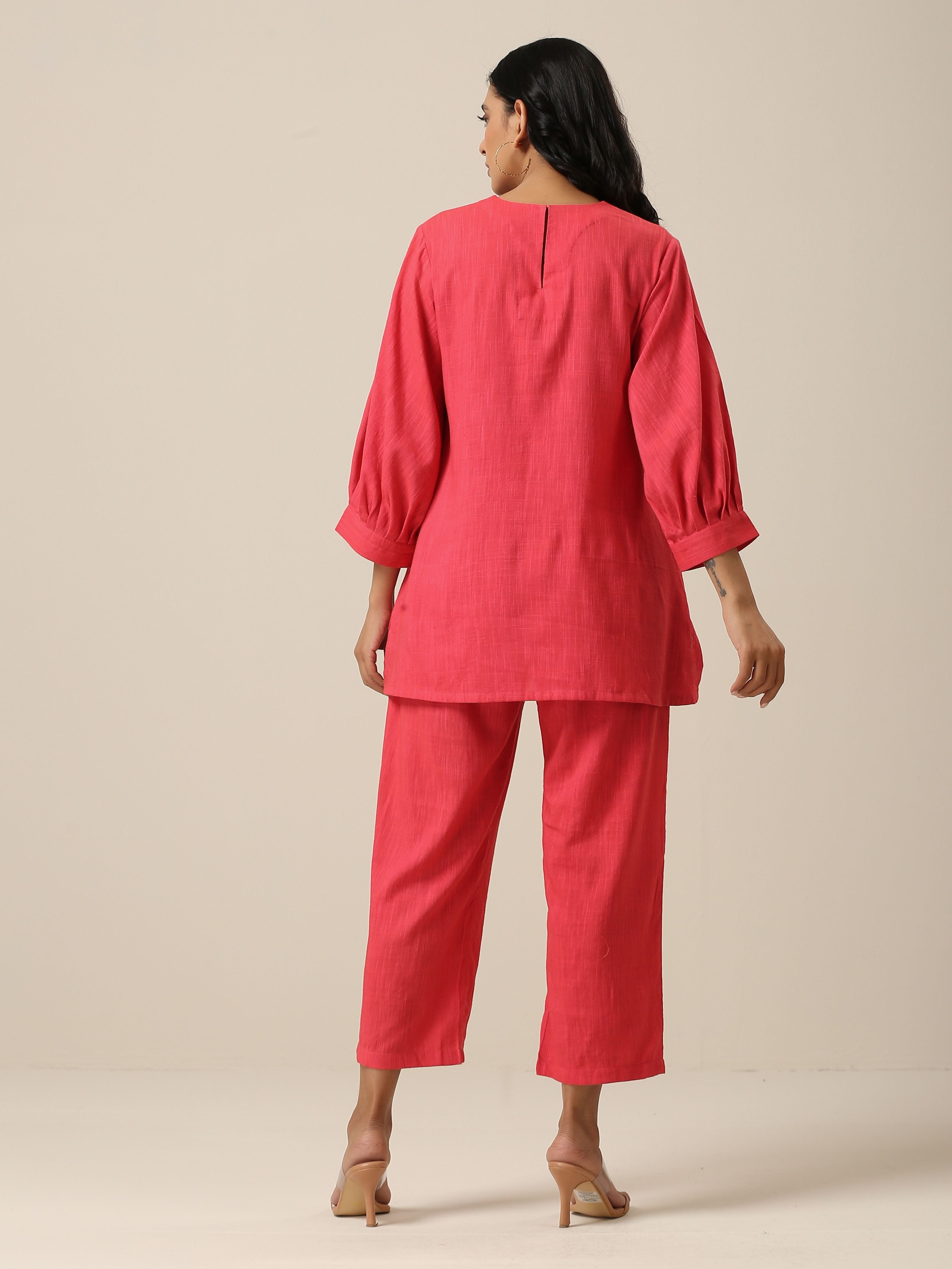trueBrowns Bright Pink Slub Texture Baggy Sleeve Co-Ord Set - Distacart