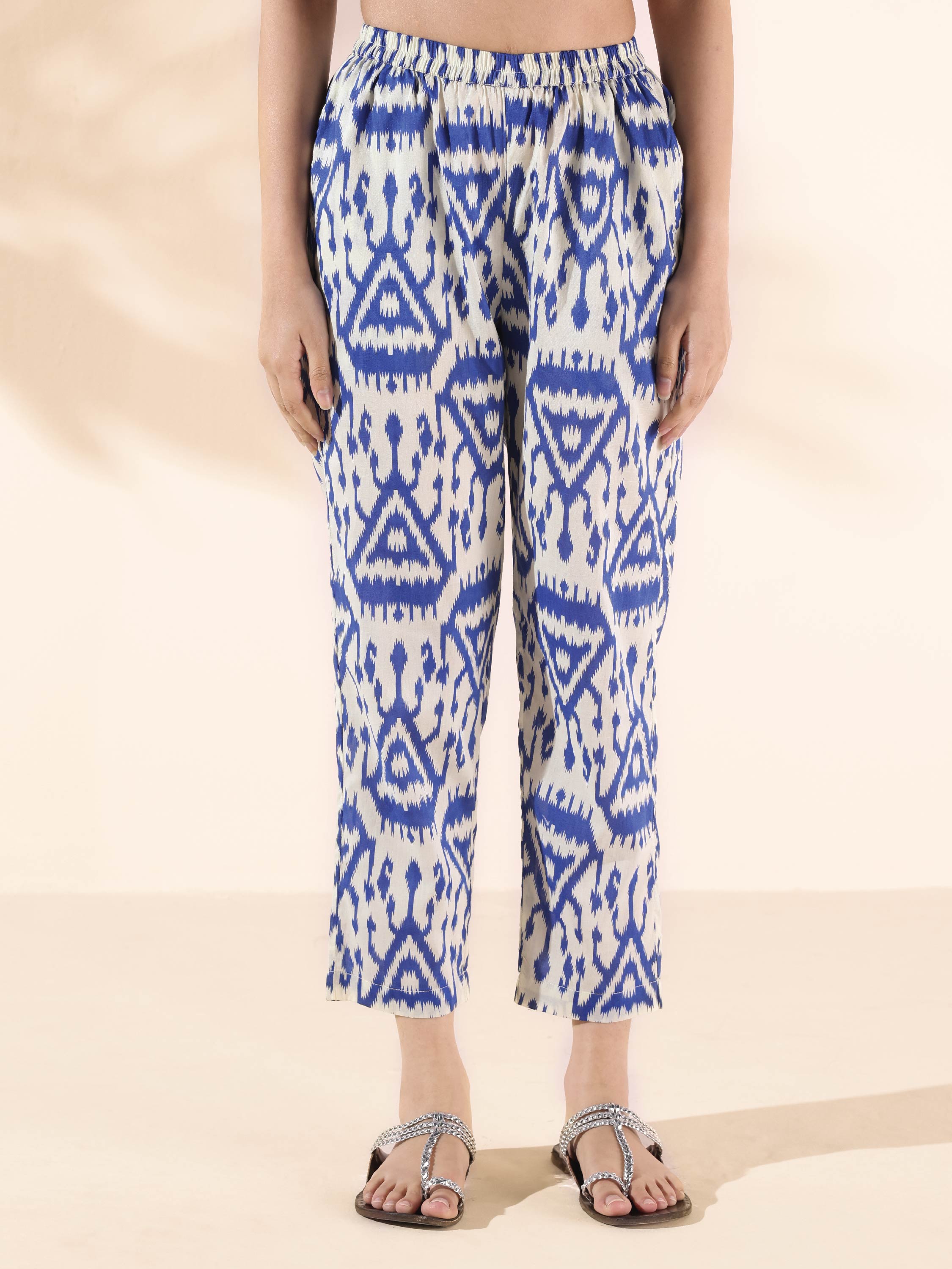 trueBrowns Blue Cotton Ikat High-Low Kurta Pant Set - Distacart