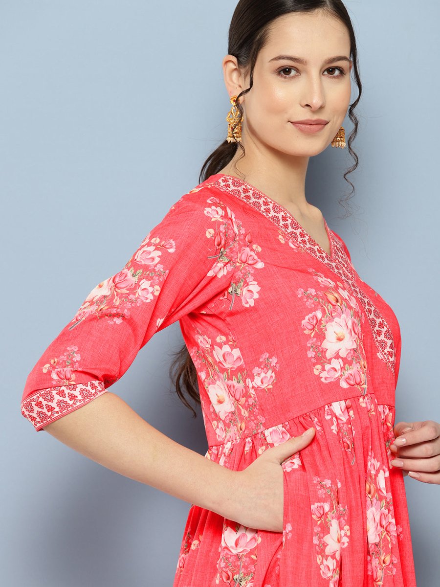 Ahalyaa Floral Printed Pleated Maxi Empire Ethnic Dress - Distacart