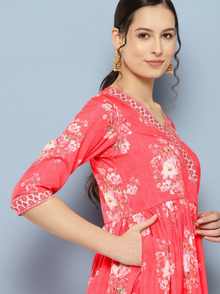 Ahalyaa Floral Printed Pleated Maxi Empire Ethnic Dress - Distacart