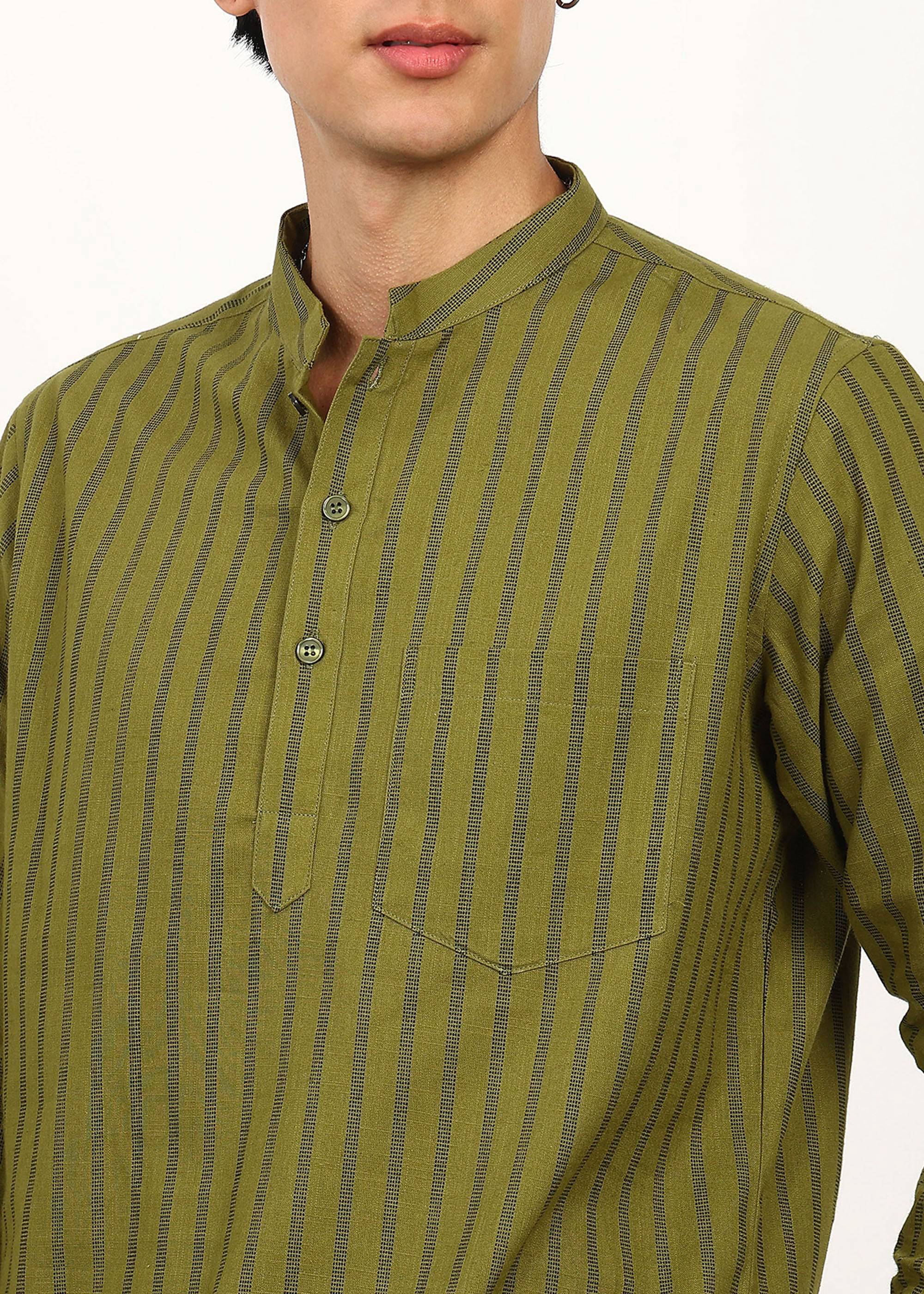 Fabmade Olive Stripe Linen Kurta Set - Distacart