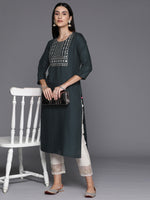 Thumbnail for Varanga Women Grey Round Neck Embroidered Yoke Straight Kurta With Side Slits - Distacart