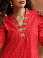 Thumbnail for trueBrowns Red Print A-line Kurta Set - Distacart
