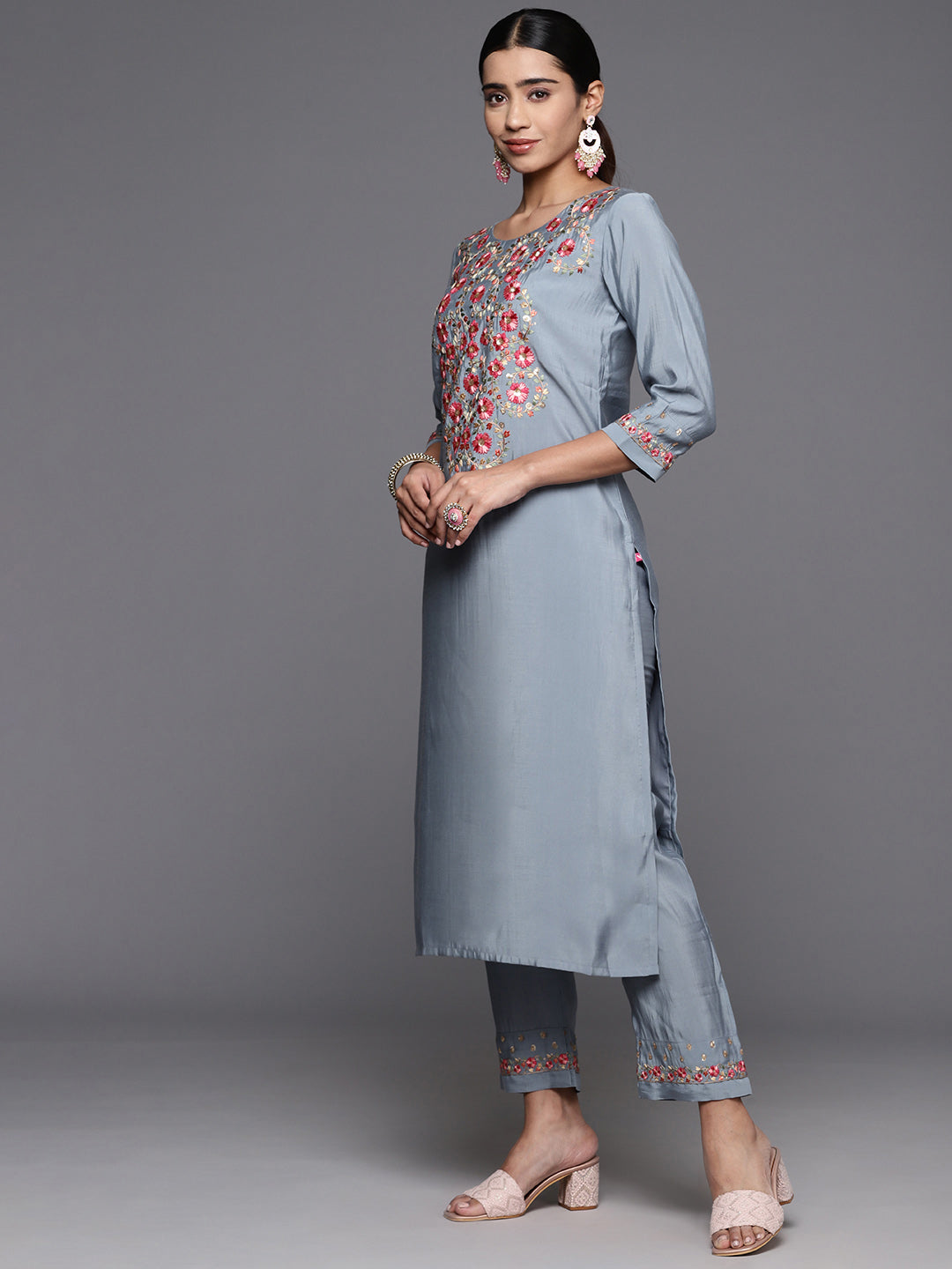 Varanga Women Blue Embroidered Kurta Paired With Tonal Bottom And Organza Embroidered Dupatta - Distacart