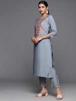 Thumbnail for Varanga Women Blue Embroidered Kurta Paired With Tonal Bottom And Organza Embroidered Dupatta - Distacart