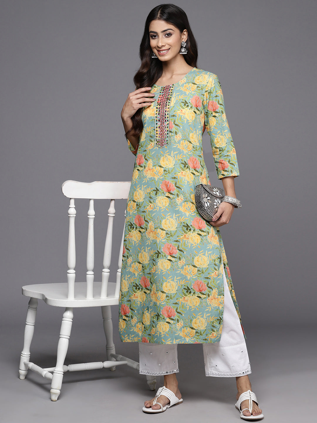 Varanga Women Sea Green Floral Printed Mirror And Thread Embroidered Straight Kurta With Thtree Quarter Sleeves - Distacart