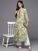 Thumbnail for Varanga Women Sea Green Floral Printed Mirror And Thread Embroidered Straight Kurta With Thtree Quarter Sleeves - Distacart