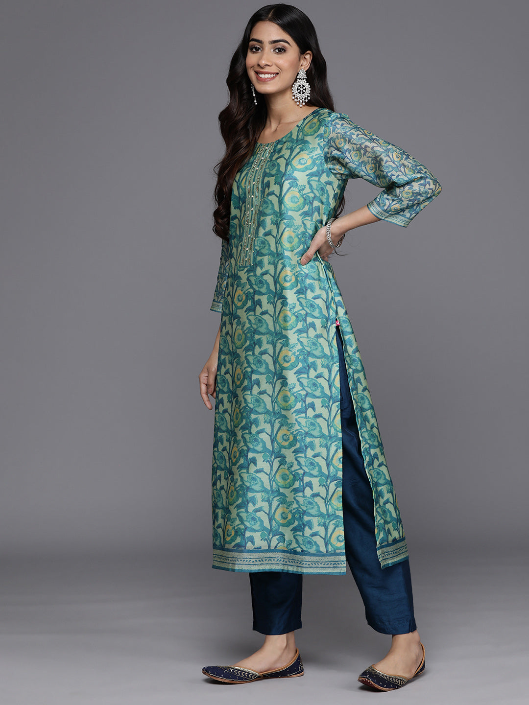 Varanga Women Blue Floral Printed Kurta, Round Neck Straight Kurta Paired With Tonal Bottom And Printed Dupatta - Distacart