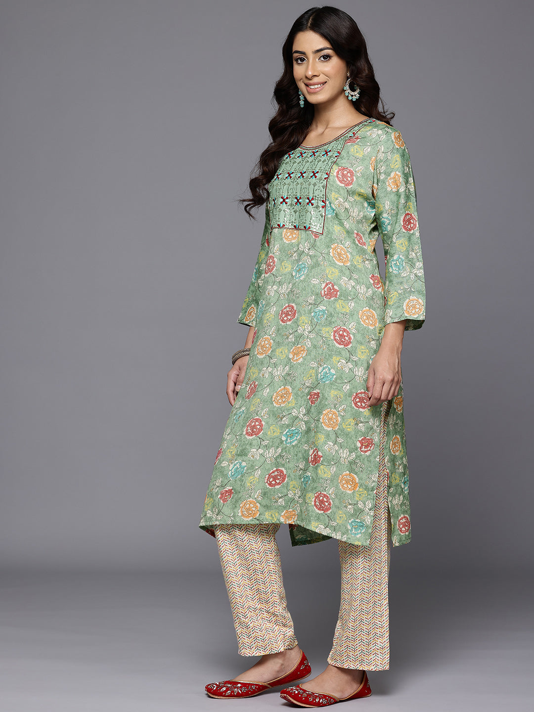 Varanga Women Mint Green Round Neck Embroidered Yoke Printed Kurta Paired With Printed Bottom & Tie-Dye Dupatta - Distacart