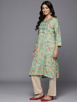 Thumbnail for Varanga Women Mint Green Round Neck Embroidered Yoke Printed Kurta Paired With Printed Bottom & Tie-Dye Dupatta - Distacart