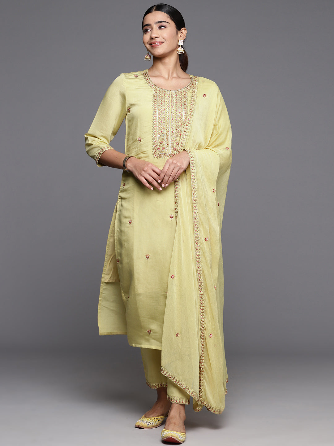 Varanga Women Beige Embroidered Straight Kurta Paired With Tonal Embroidered Bottom And Embroidered Dupatta - Distacart