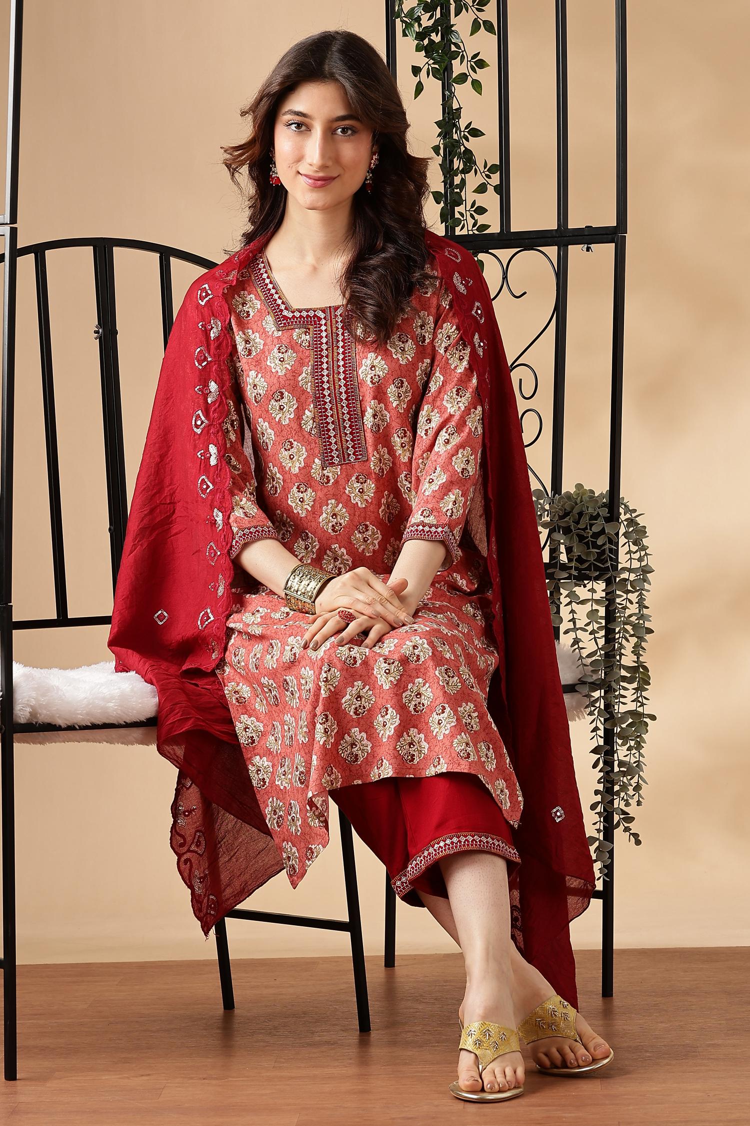 BulBul Shamaira Printed Rust Rayon Salwar Suit