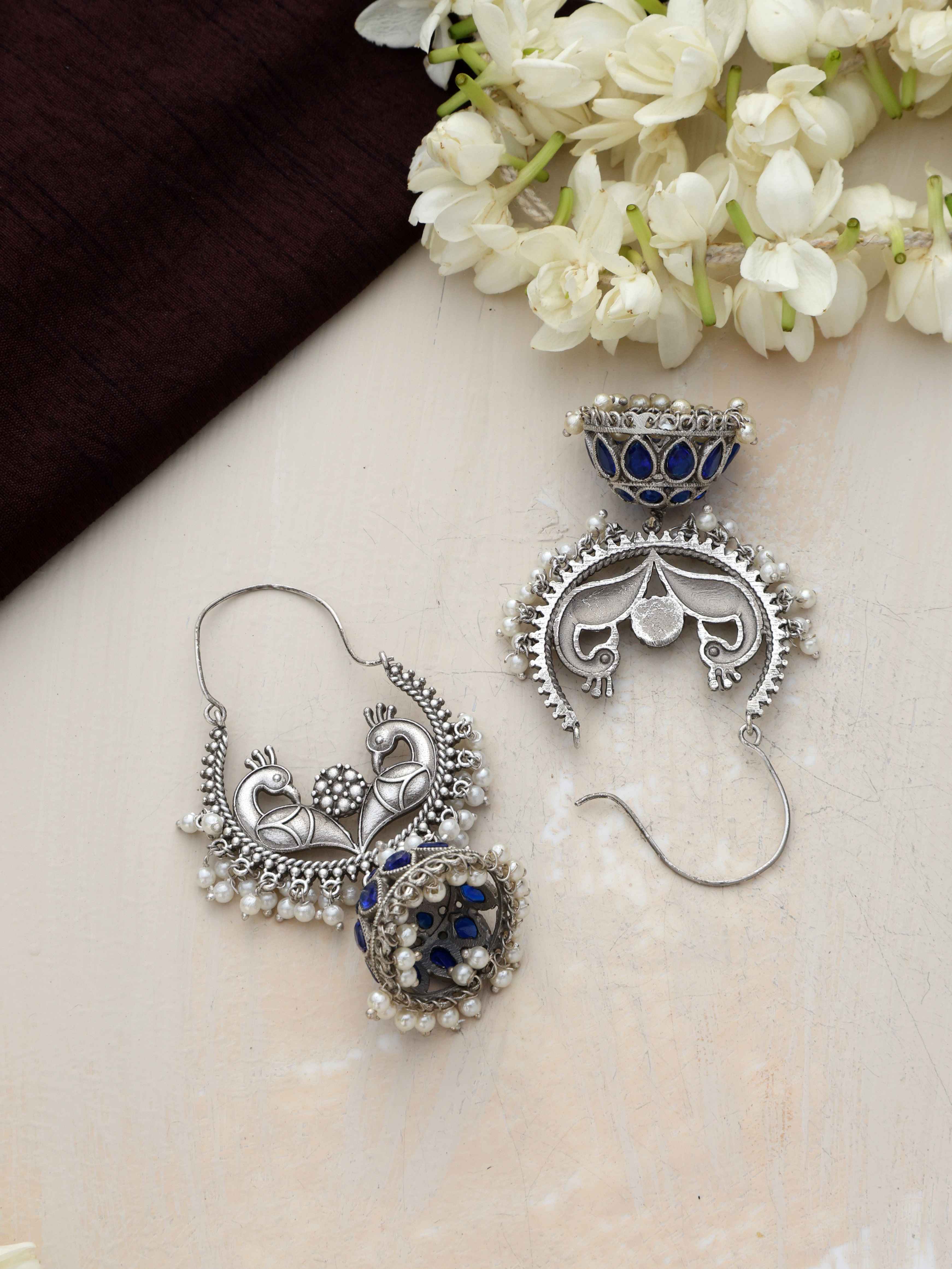 trueBrowns Silver Tone Peacock Jhumka Earrings - Distacart